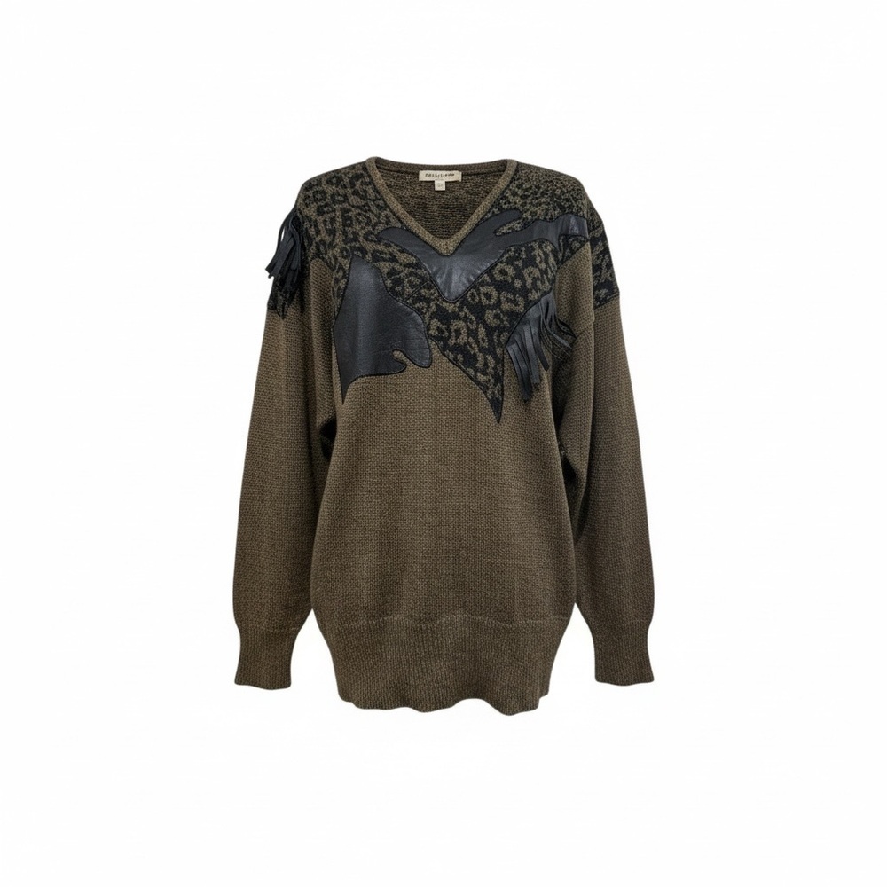 🔻Vintage Ann WI Animal Print Knit Sweater w/ Leather Appliqué & Fringe | Size L